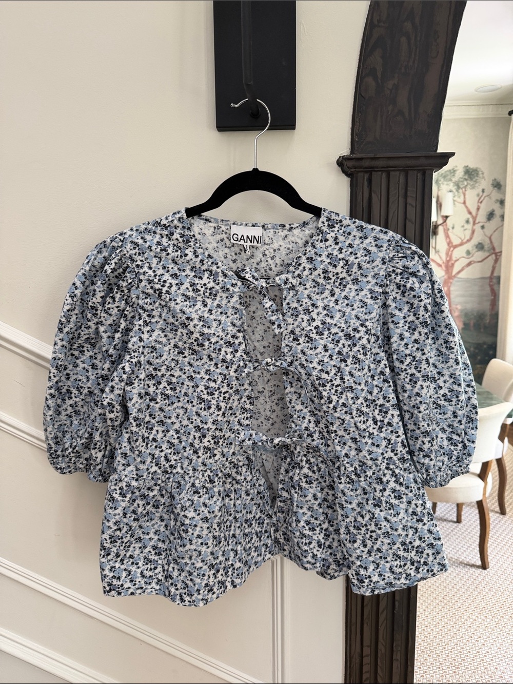 Ganni Blue and White Floral Puff-Sleeve Blouse for Kids